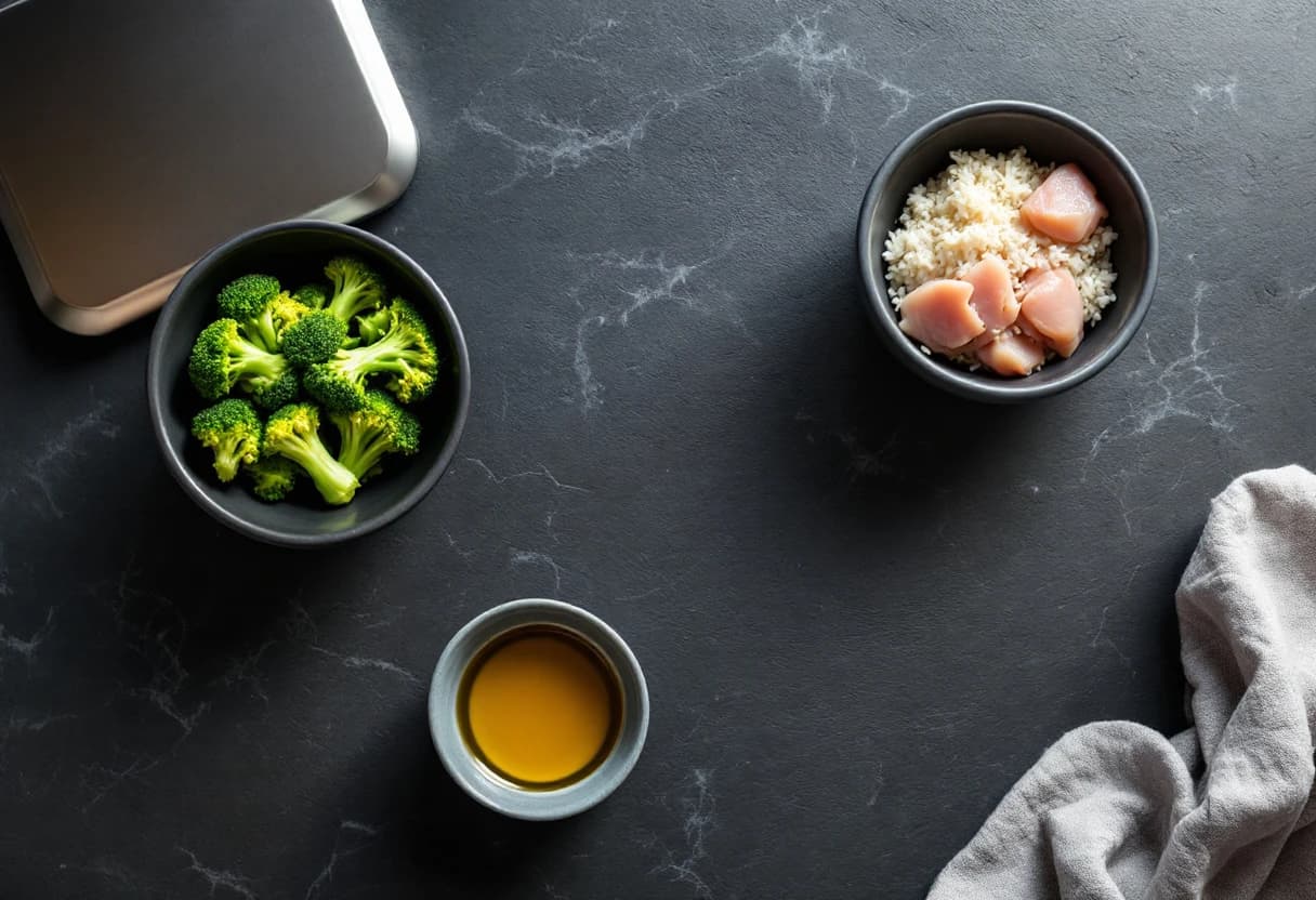 Measured portions of raw ingredients in separate bowls beside a kitchen scale
