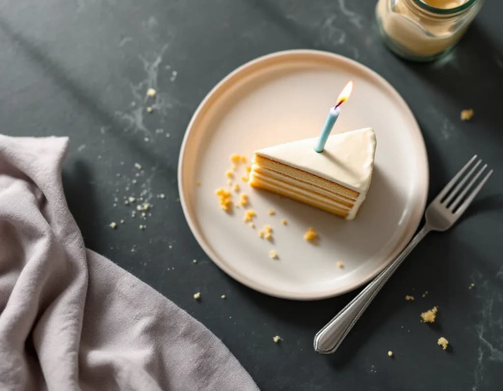 A slice of cake with a candle on a plate