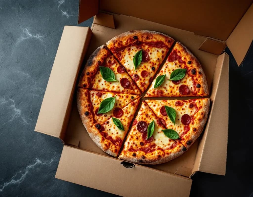 A pizza in an open delivery box