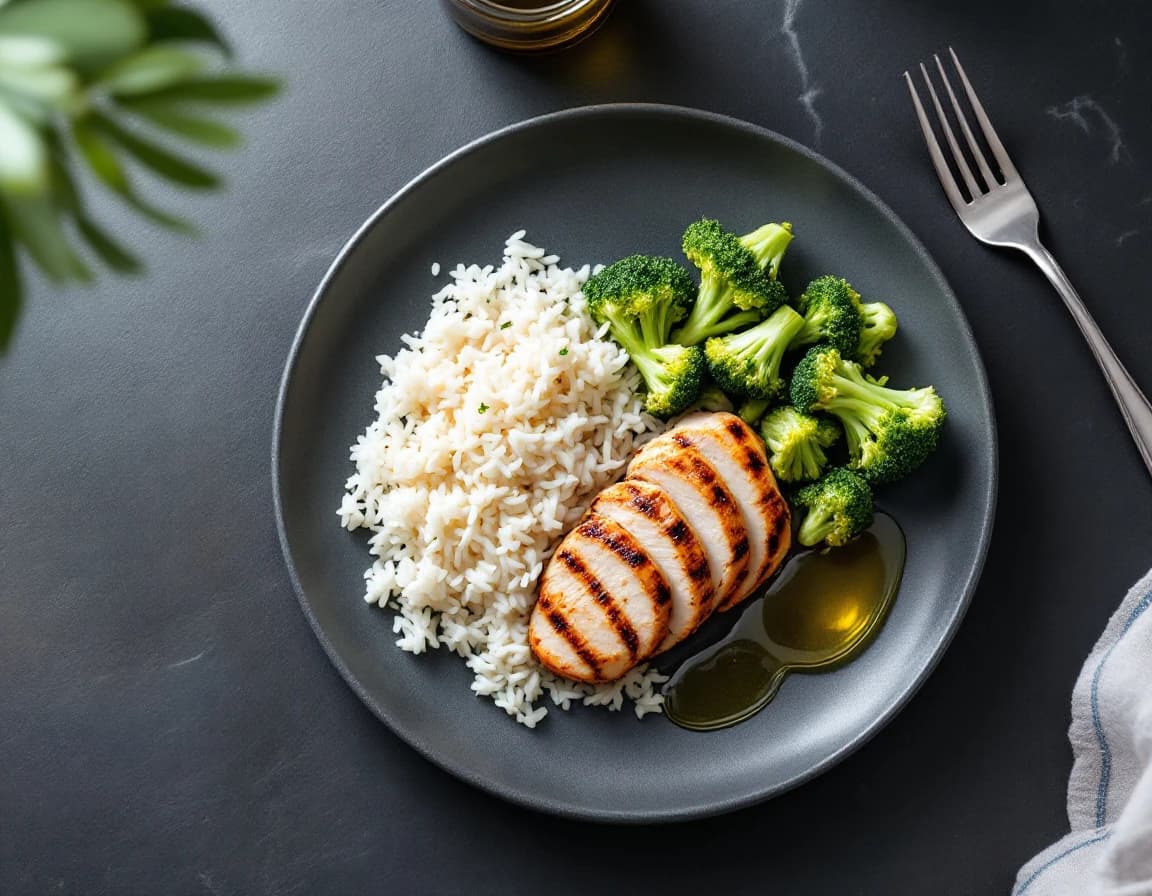 Chicken breast with rice and broccoli on a plate