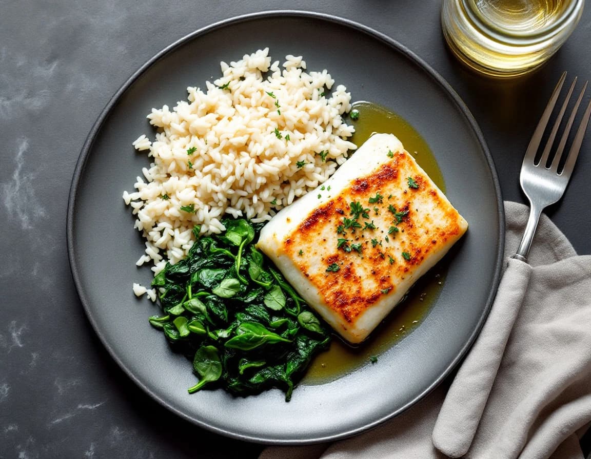 White fish with rice and spinach on a plate