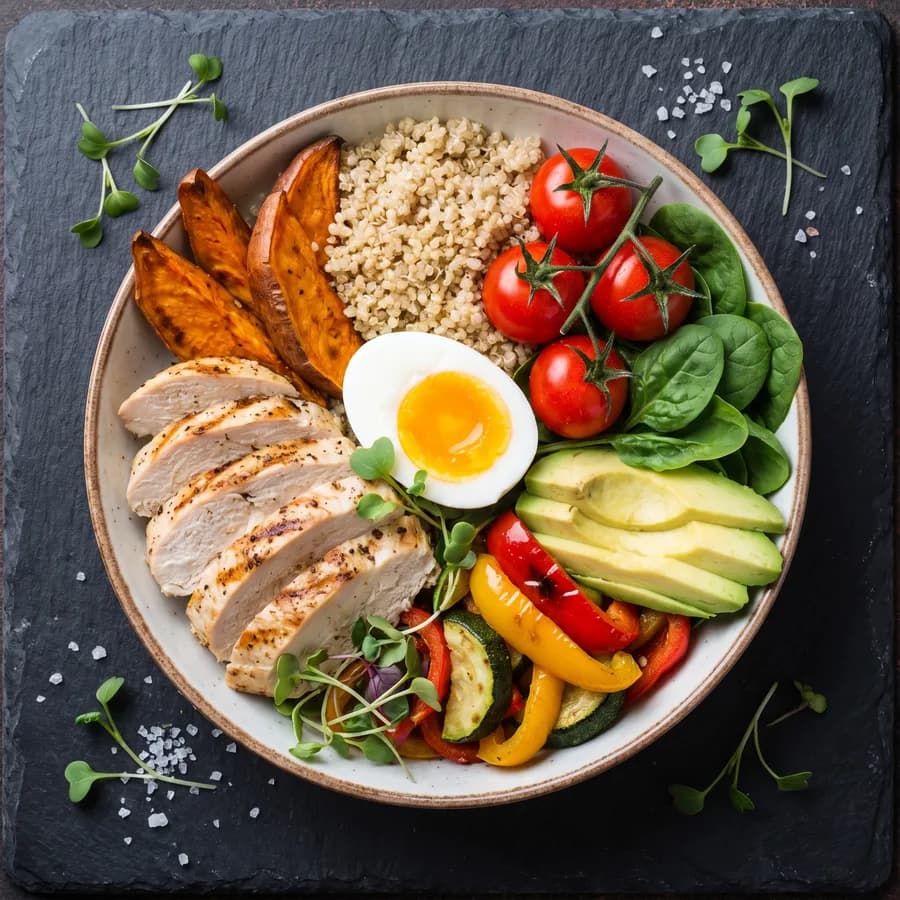 A bowl of chicken, quinoa, vegetables and avocado