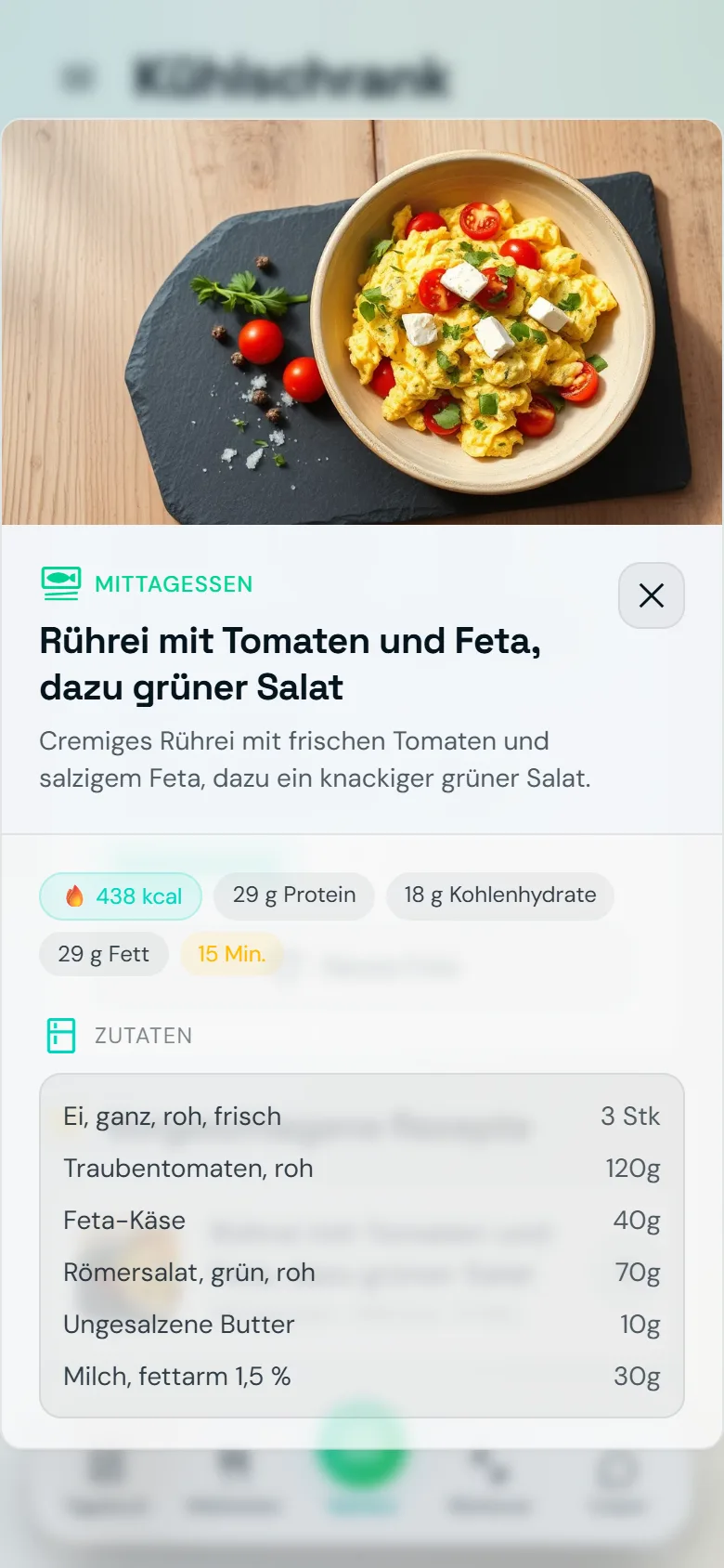 Ein geöffnetes Rezept in Famorr: Foto, Name und Zutaten mit Mengen