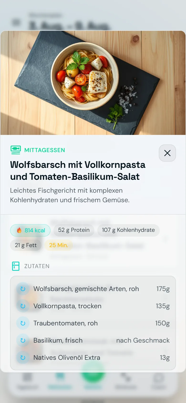 Ein Rezept-Bildschirm in Famorr: Kalorien, Makros und Zutaten mit genauen Mengen