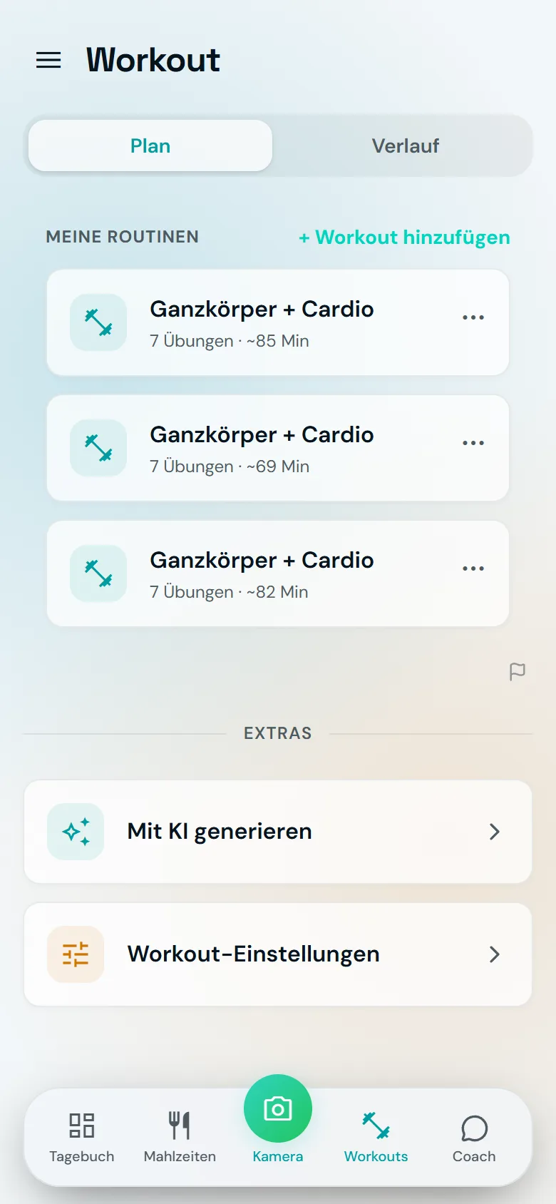 Ein Trainingsbildschirm in Famorr mit den Wochenroutinen