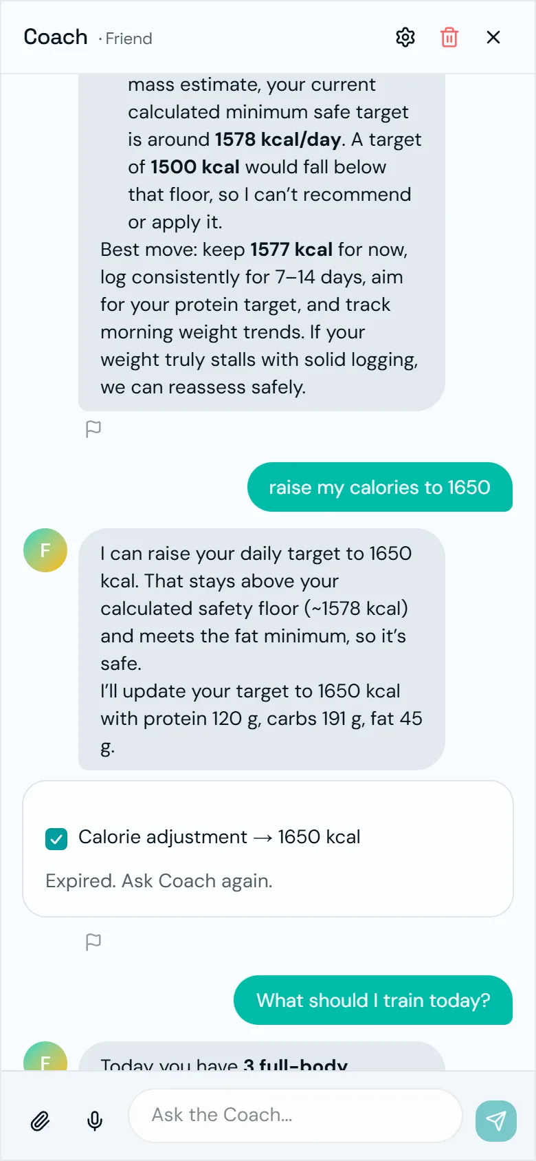 A conversation with the Famorr coach, including a confirmed adjustment to the daily calorie target