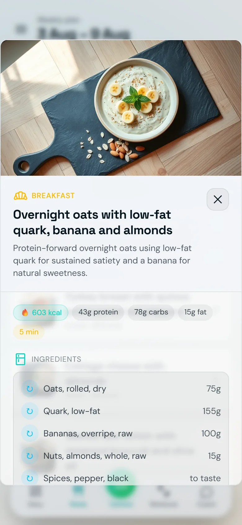 A meal screen in Famorr showing calories, macros, ingredients with exact gram amounts, and a swap button