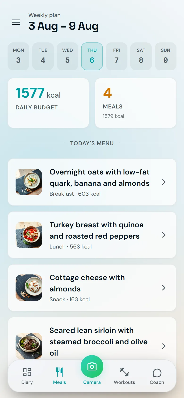 A weekly plan in Famorr showing the day’s menu and calorie budget