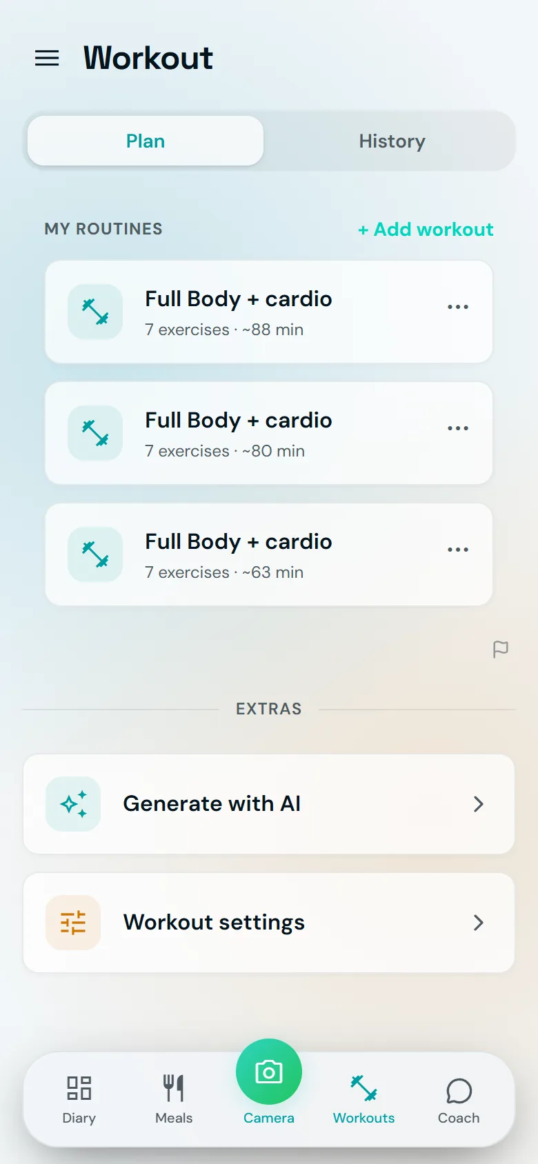 A training screen in Famorr showing the weekly routines